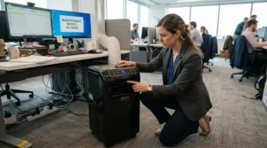 Office manager setting up a temporary best spot cooler during an HVAC system outage