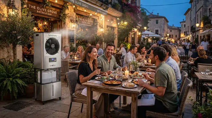 Patio diners enjoying comfortable temperatures thanks to an outdoor-rated best spot cooler