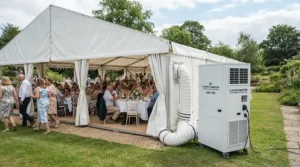 Outdoor wedding tent featuring a sleek best spot cooler providing targeted zone climate control