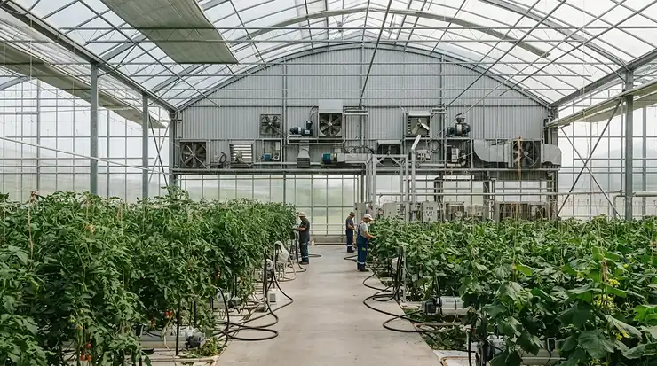 A commercial greenhouse evaporative cooler operating inside a large scale agricultural facility
