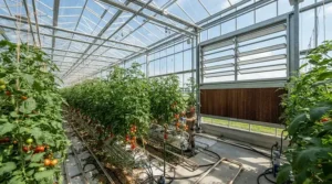 An energy-efficient greenhouse evaporative cooling setup maintaining optimal temperatures for vegetable crops