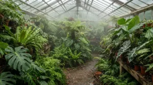 Thriving tropical crops inside a humid environment growing space managed by a greenhouse evaporative cooler