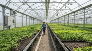 Large area coverage provided by a heavy-duty greenhouse evaporative cooler in an expansive nursery