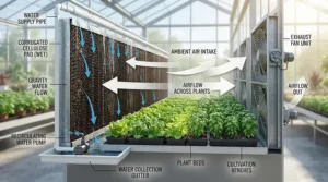 Diagram showing a greenhouse evaporative cooler pad and fan system regulating indoor temperature