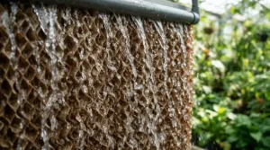 Water running down the wet wall of a greenhouse evaporative cooler during hot weather