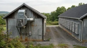 A greenhouse exhaust fan working alongside intake louvers to maintain balanced cross-ventilation.