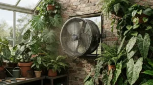 A large greenhouse exhaust fan expelling humid air to protect delicate tomato plants from mildew.