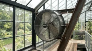 A heavy-duty greenhouse exhaust fan installed on a glass panel to pull out stagnant air.