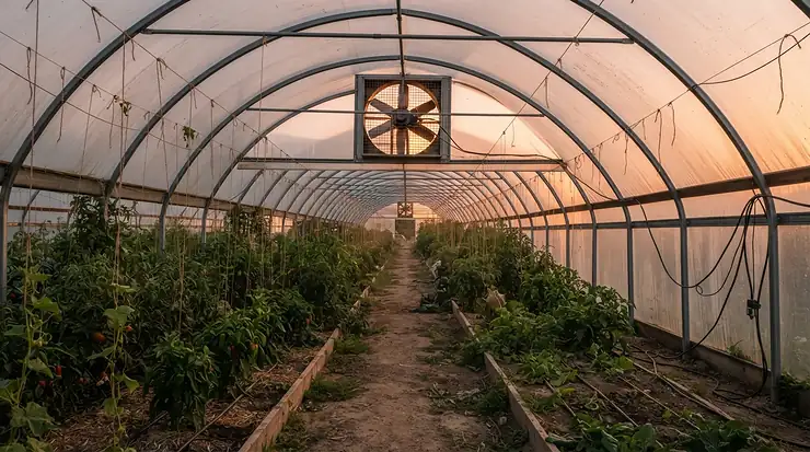 A high-capacity greenhouse exhaust fan integrated into a commercial hoop house ventilation setup.