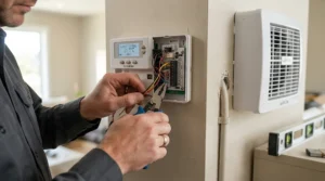 An electrical setup connecting a greenhouse exhaust fan to an automatic temperature control thermostat.