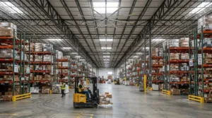 Commercial warehouse cooling solutions featuring large overhead fans in a high-ceiling facility.
