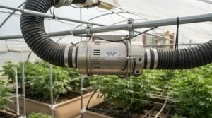 An inline fan for grow tent setup mounted near the ceiling for proper air exhaust