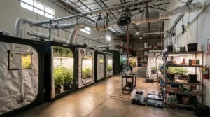 An overhead inline fan for grow tent installed in a larger indoor grow room