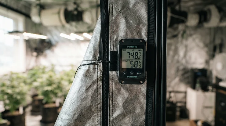 Digital monitor showing climate stats managed by an inline fan for grow tent