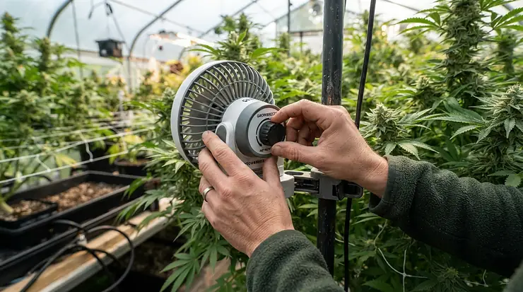 A grower adjusting settings on an oscillating fan for grow tent designed to function as a dependable plant oscillating fan.