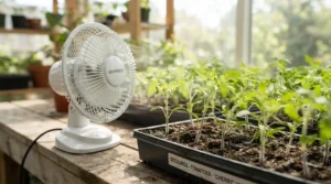 Close-up of an oscillating fan for grow tent promoting stem strengthening airflow on young indoor crop stalks.