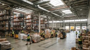 Integrated warehouse cooling solutions powered by rooftop HVAC systems in a logistics hub.